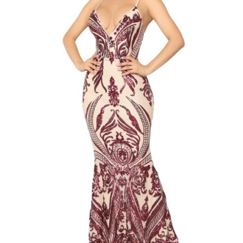 Fashion Nova Dress Gown Gold Burgundy